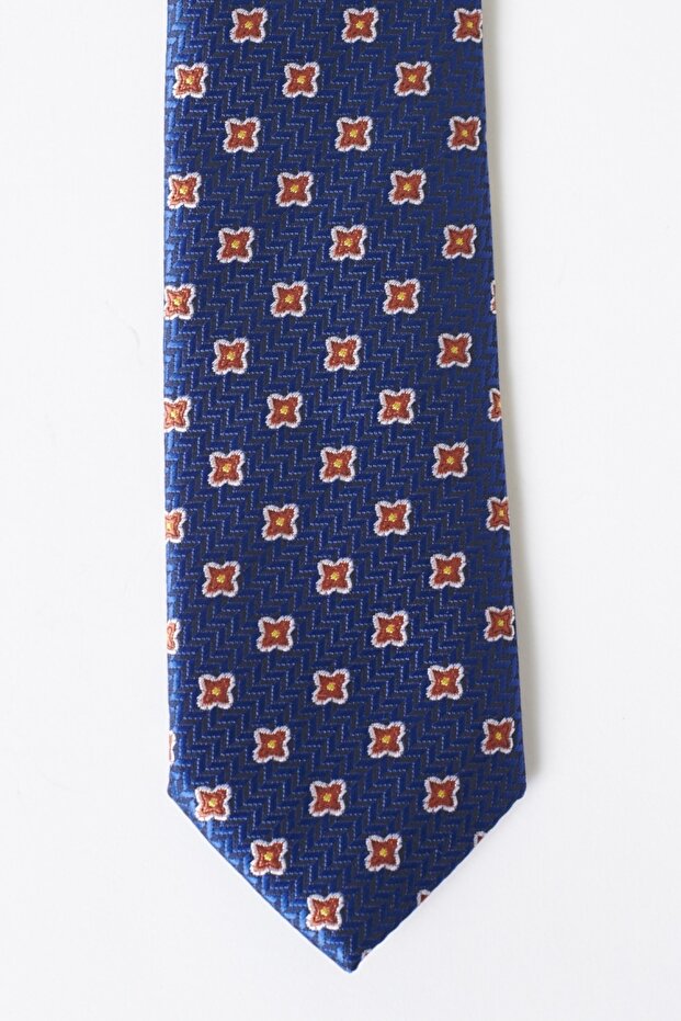 Erkek Mavı Kahve Sarı Desenli Klasik Kravat - 2