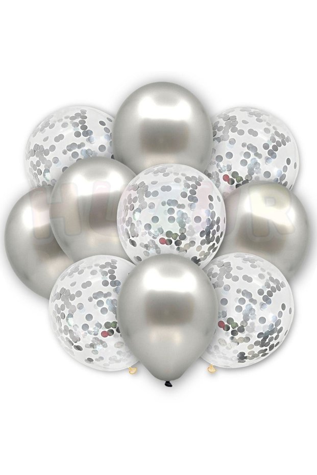 Transparent and Silver Metallic Balloon Set with Silver Confetti, 20 Pieces of 30 cm Gray Sequin Balloons