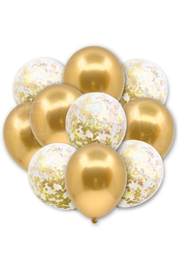 Transparent and Gold Chrome Balloon Set with Gold Confetti, 20 Pieces of 30 cm Visible Gold Yellow Balloons