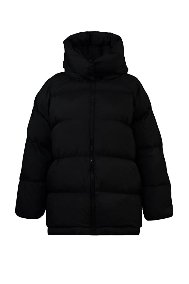 Siyah Oversize Kalıp Kapüşonlu Su İtici Şişme Mont TWOAW23MO00193 - 10