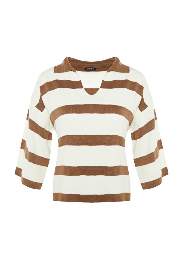 Langer, dicker Strickpullover – Hellbraun, Basic gestreift - 6