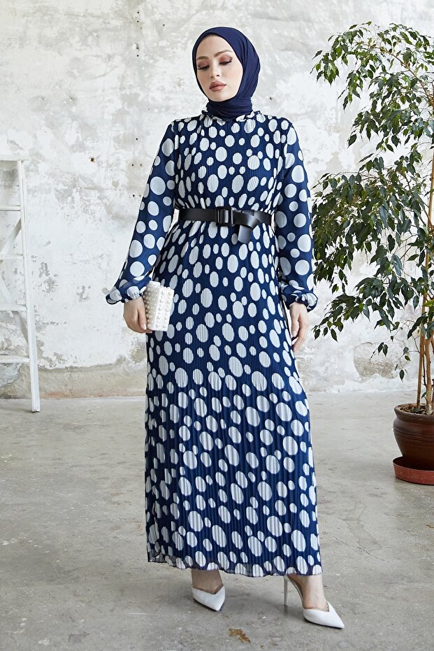 Mariya Polka Dot Pattern Chiffon Dress - Navy Blue