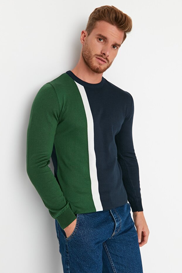 Yeşil Slim Fit Pamuklu Bisiklet Yaka Panelli Triko Kazak TMNAW21KZ0566 - 3