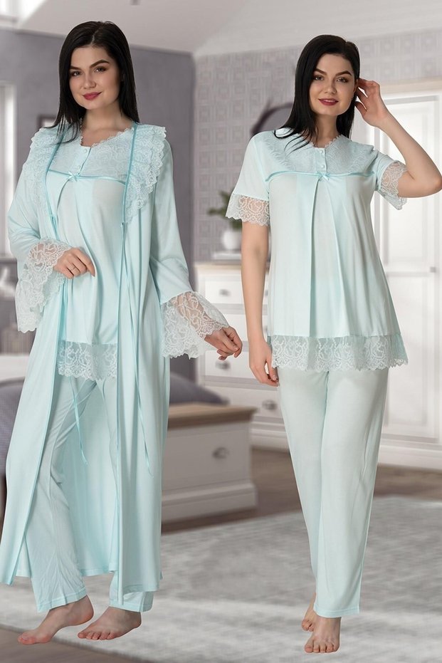 Effortt Women's Blue Maternity Pajamas with Dressing Gown Set of 3