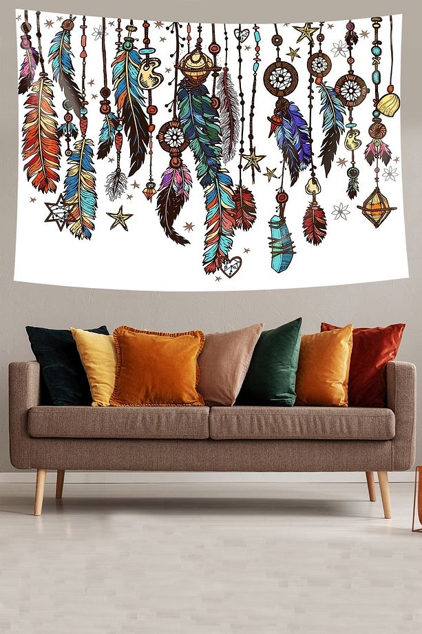 Dream Catcher Bohem Kuş Tüyü Leke Tutmaz Kadife Dokulu Kumaş Duvar Örtüsü Duvar Halısı Tapestry - 1