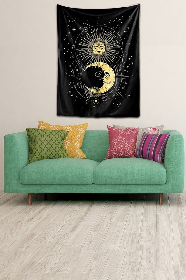 Yıkanabilir Leke Tutmaz Mikropetek Kumaş Güneş Ve Ay Siyah Duvar Örtüsü Duvar Halısı Tapestry - 2