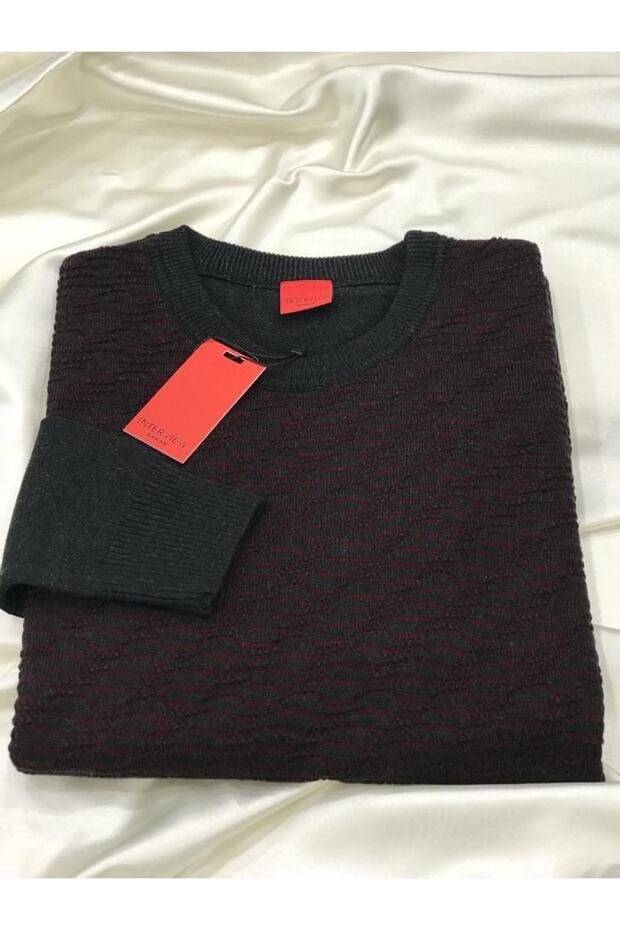 Interview Dokuma Desenli Slim Fit Sıfır Yaka Triko Kazak - 1