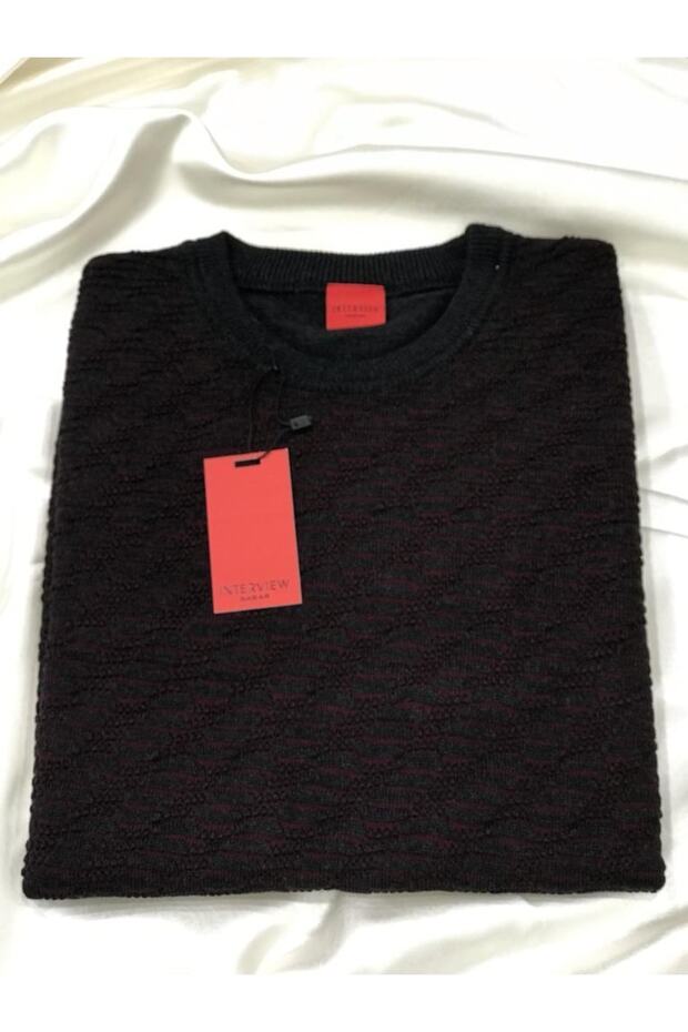 Interview Dokuma Desenli Slim Fit Sıfır Yaka Triko Kazak - 2