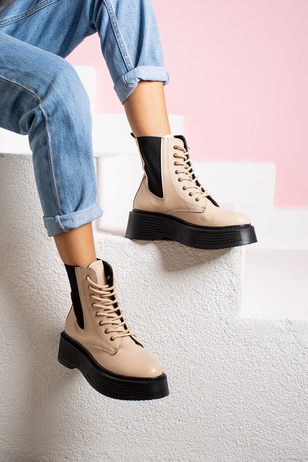 Bej Yüksek Taban Lastikli Kadın Bot - 1