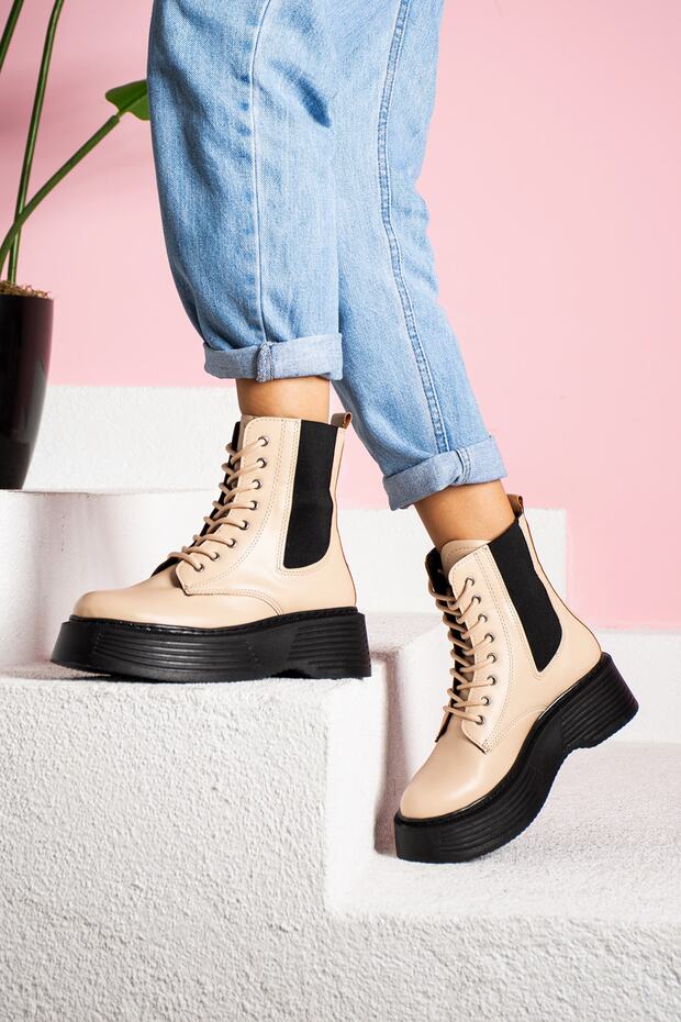 Bej Yüksek Taban Lastikli Kadın Bot - 3