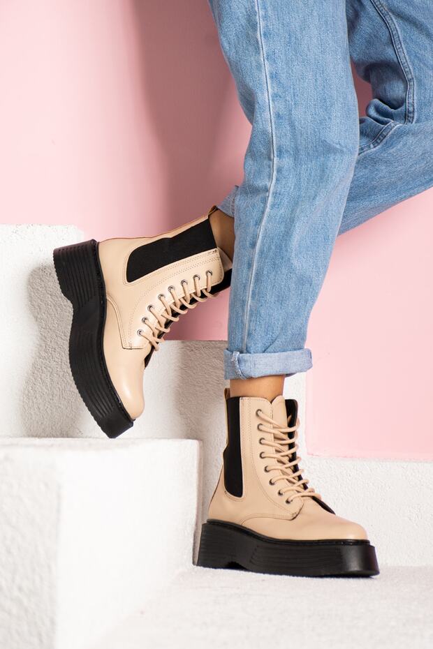 Bej Yüksek Taban Lastikli Kadın Bot - 4
