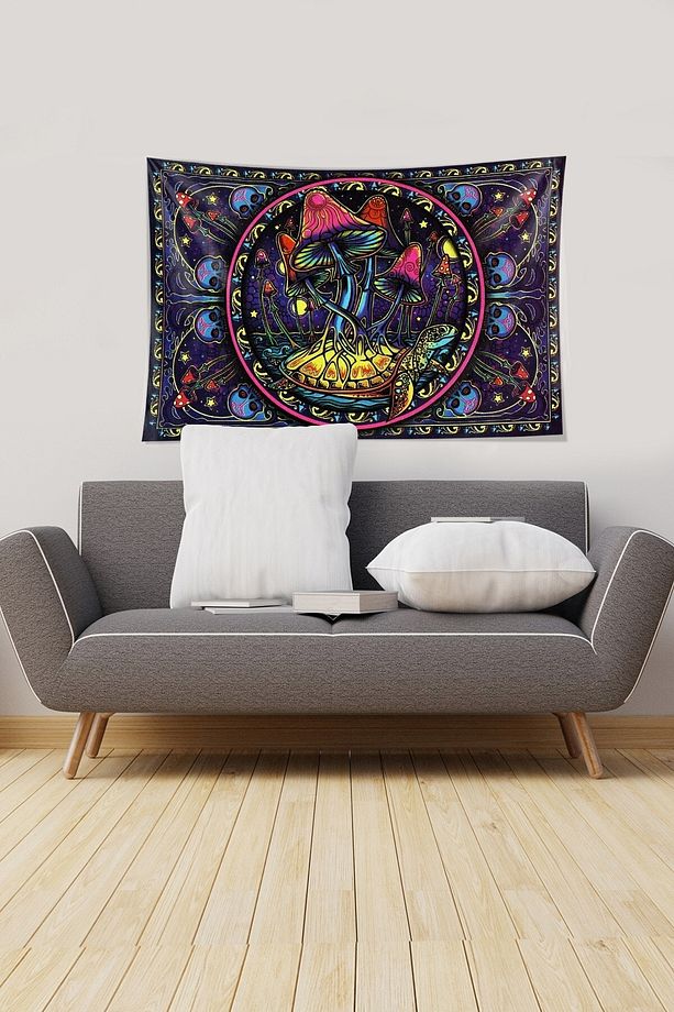 Çok Renkli Mushroom Mantar Desenli Leke Tutmaz Kadife Kumaş Duvar Örtüsü Duvar Halısı Tapestry - 2