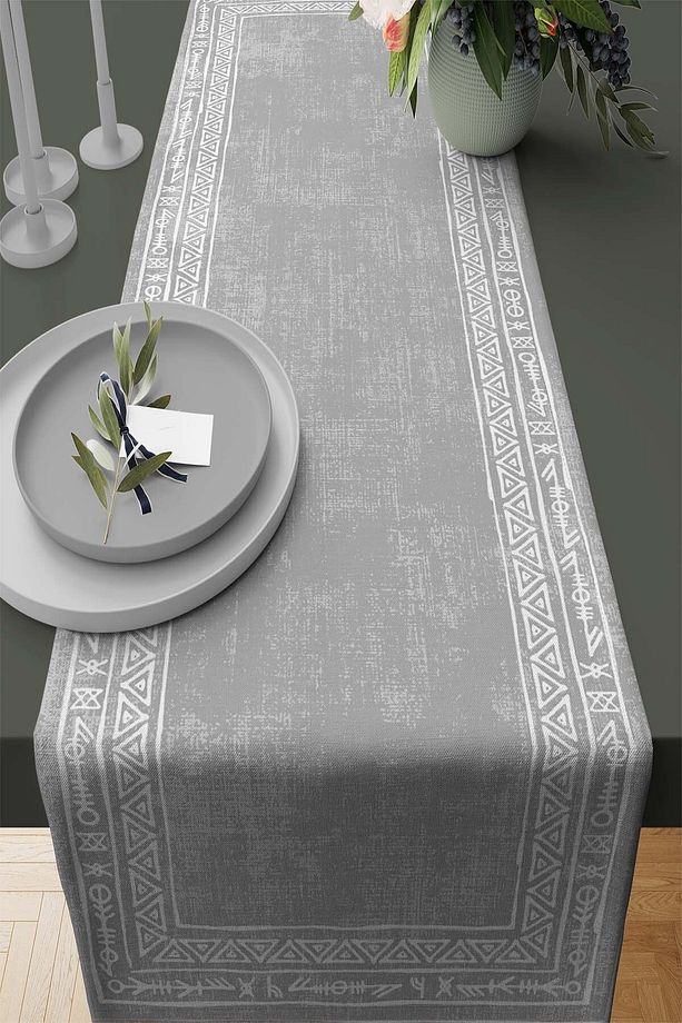 40x140cm Gri Etnik Masa Örtüsü Runner Premium Tay Tüyü Dokuma Leke Tutmaz Kumaş Rnr215 - 1