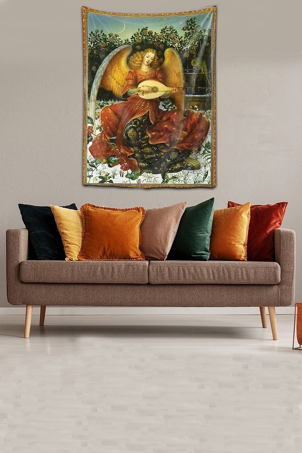 Kanatlı Melek Mitoloji Yıkanabilir Leke Tutmaz Kumaş Duvar Örtüsü Duvar Halısı Tapestry - 2