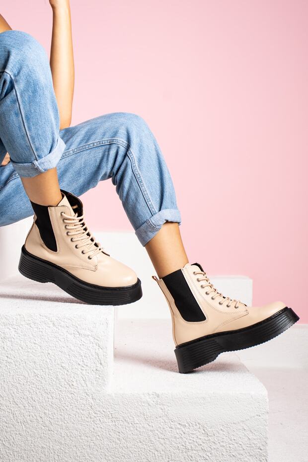 Bej Yüksek Taban Lastikli Kadın Bot - 2