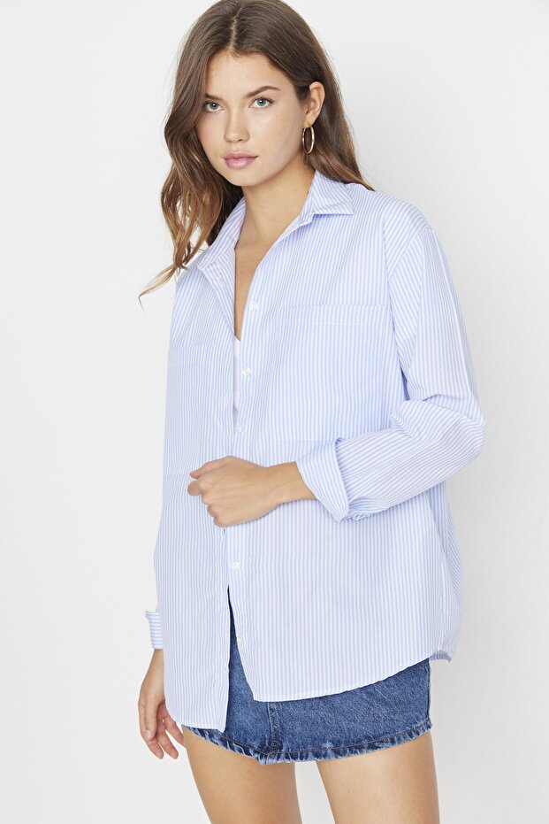 Mavi Çizgili Cep Detaylı Oversize/Geniş Kalıp Dokuma Gömlek TWOAW23GO00359 - 6