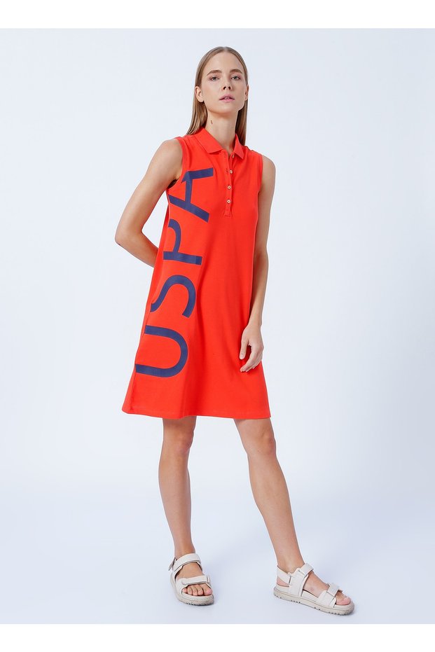 Polo Collar Printed Above Knee Red Women's Dress Furlen