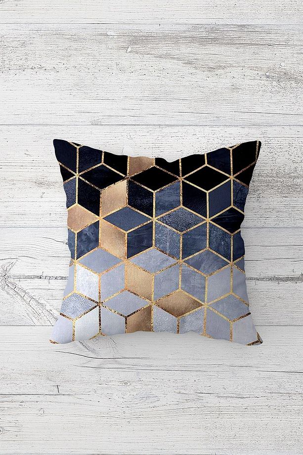 Gri Geometrik Bal Peteği Altıgen Tek Tarafı Baskılı Gizli Fermuarlı Kırlent Koltuk Yastık Kılıfı - 1