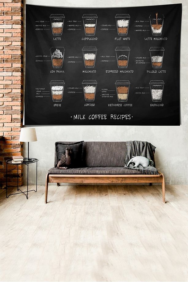 Kahve Menü Coffee Menu Desen Leke Tutmaz Kadife Dokulu Kumaş Duvar Örtüsü Duvar Halısı Tapestry - 1