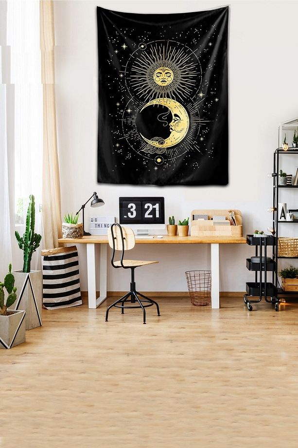 Yıkanabilir Leke Tutmaz Mikropetek Kumaş Güneş Ve Ay Siyah Duvar Örtüsü Duvar Halısı Tapestry - 1