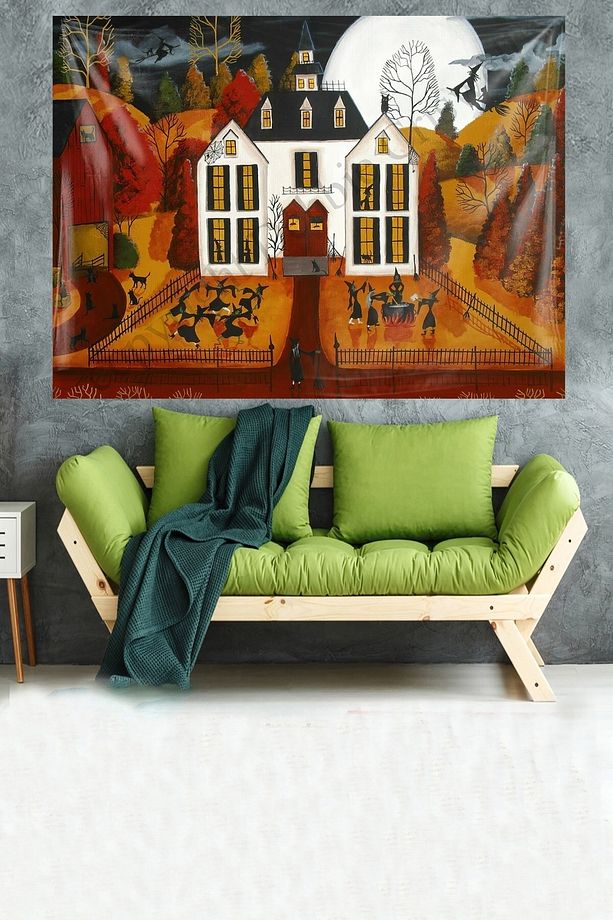 Hallowen Şato Cadı Desen Leke Tutmaz Kadife Dokulu Kumaş Duvar Örtüsü Duvar Halısı Tapestry - 1