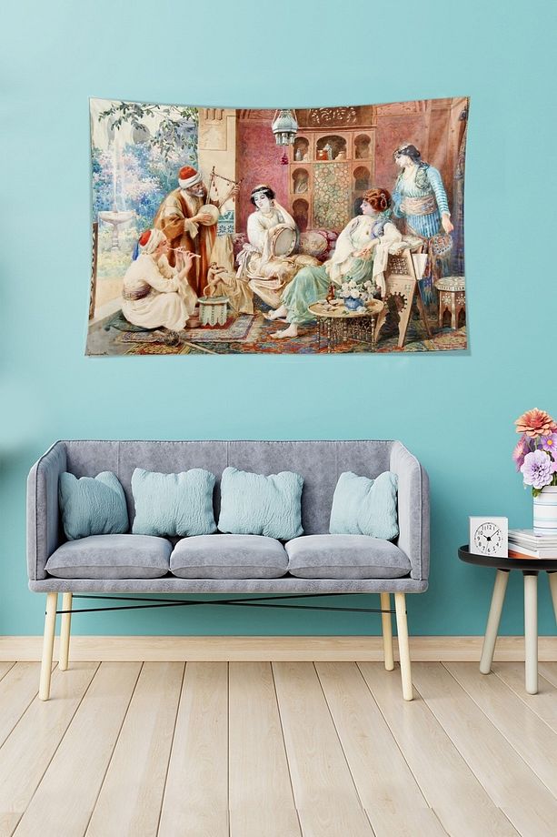Tarihi Musiki Temalı Leke Tutmaz Kadife Doku Kumaş Duvar Örtüsü Duvar Halısı Tapestry - 2