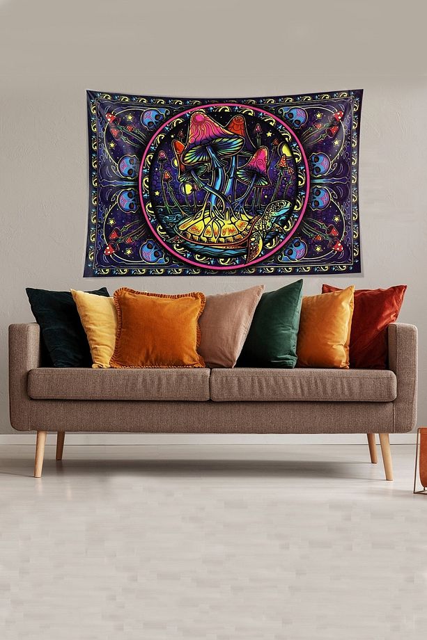 Çok Renkli Mushroom Mantar Desenli Leke Tutmaz Kadife Kumaş Duvar Örtüsü Duvar Halısı Tapestry - 1