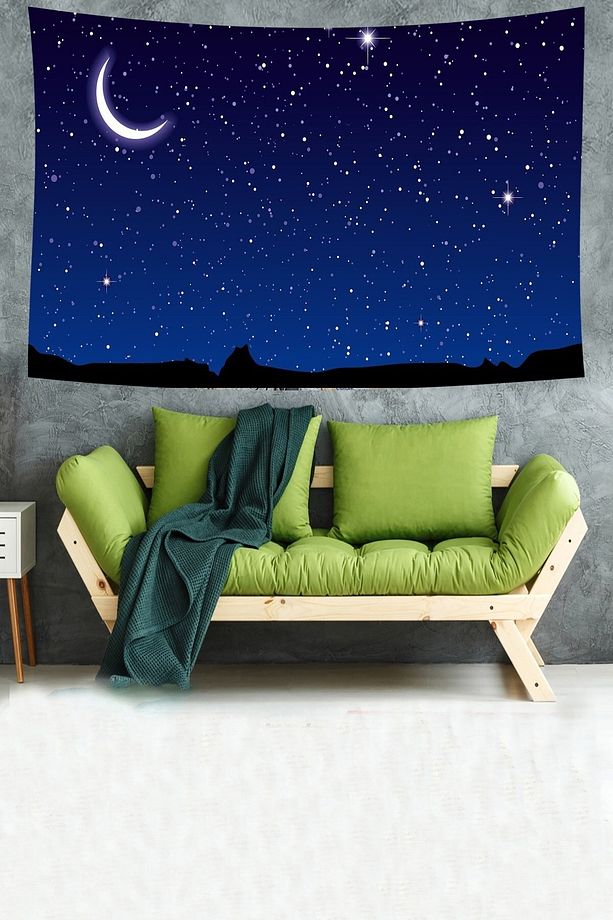 Yıldızlı Geceler Ay Manzara Desen Leke Tutmaz Kadife Dokulu Kumaş Duvar Örtüsü Duvar Halısı Tapestry - 1