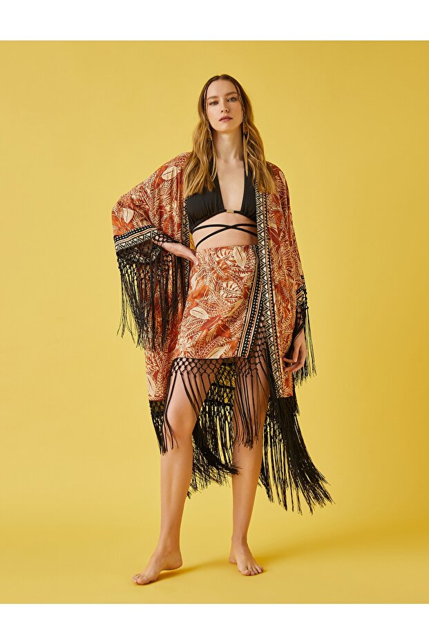 Patterned Kimono with Tie Waist and Tassel Detail