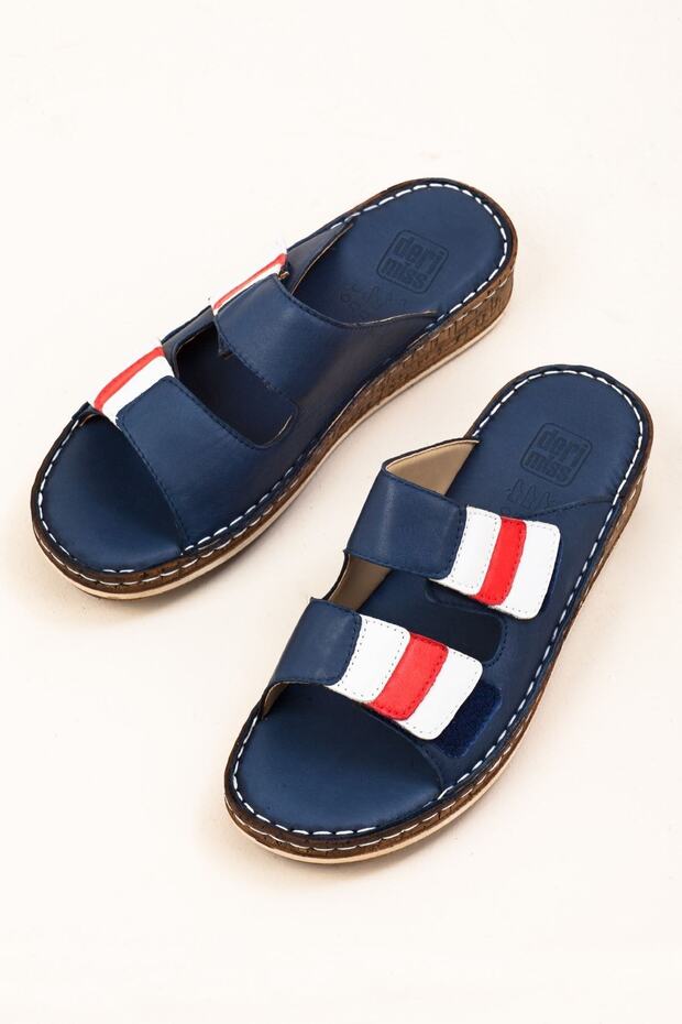 Women's Navy Blue Genuine Leather Orthopedic Slippers