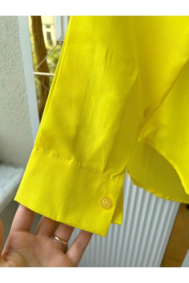 Gömlek Sarı Oversize Balon Kol Pile Detaylı Uzun Basic Kadın Gömlek - 3