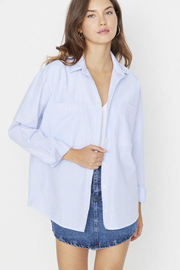 Mavi Çizgili Cep Detaylı Oversize/Geniş Kalıp Dokuma Gömlek TWOAW23GO00359 - 5