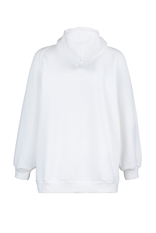 Ekru Kapüşonlu Oversize Şardonlu Örme Sweatshirt - 8