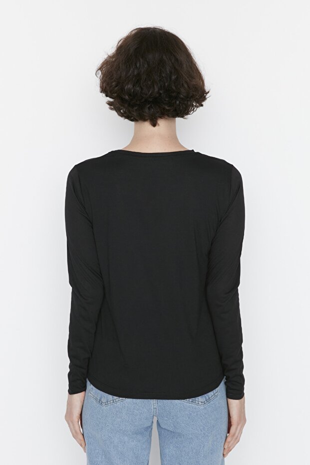 Siyah %100 Pamuk Uzun Kollu Bisiklet Yaka Regular/Normal Kalıp Basic Örme T-Shirt TWOAW21TS0098 - 8
