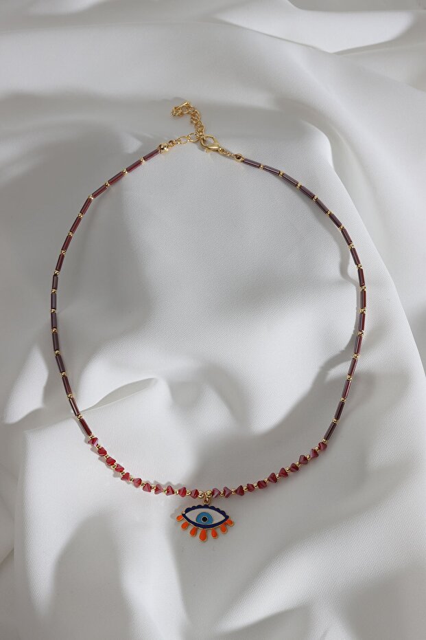 Colorful Enamel Eye End Red Bead Necklace