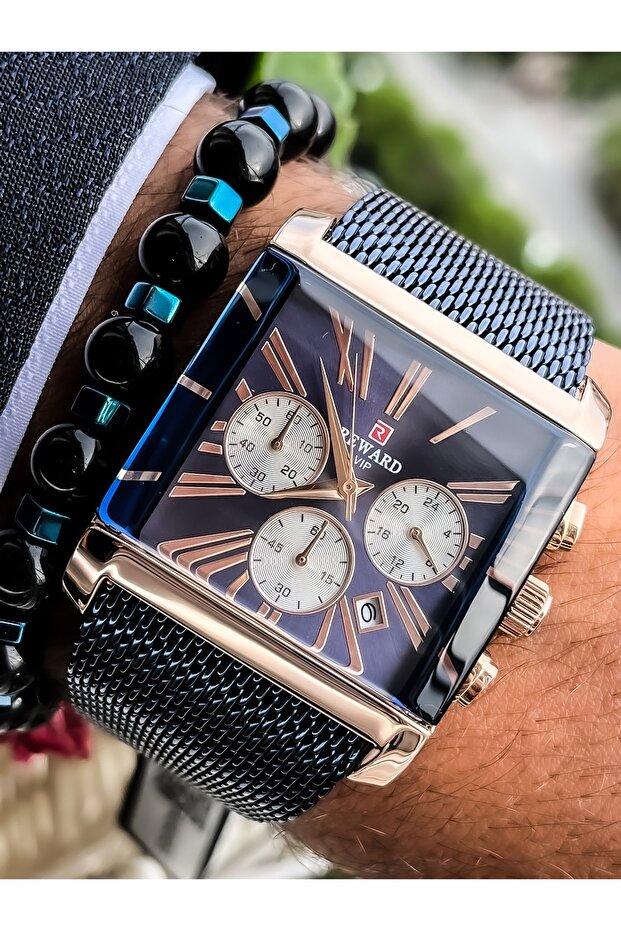 Square Dial, Wicker Navy Blue Color Functions Active Men's Wristwatch + bracelet