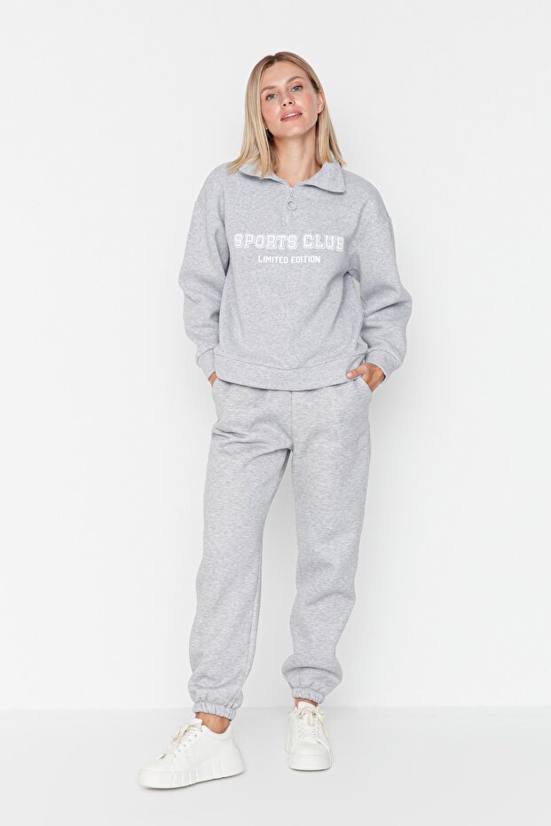 Gri Loose Jogger Kalın İçi Polarlı Örme Eşofman Altı Pantolon TWOAW23EA00151 - 6