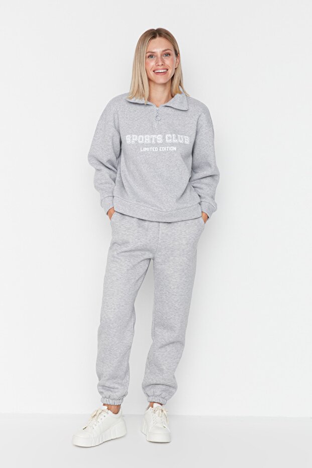 Gri Loose Jogger Kalın İçi Polarlı Örme Eşofman Altı Pantolon TWOAW23EA00151 - 8