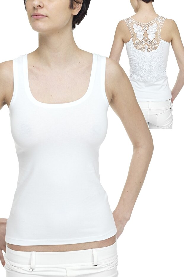 Women's Cotton U-neck Thick Strap Undershirt with Guipure Lycra on the Back -2156