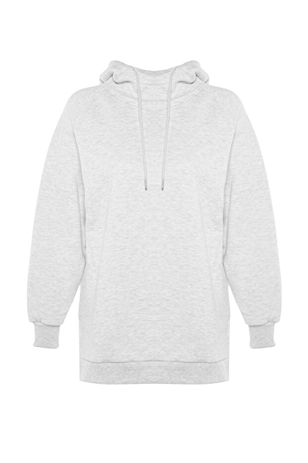 Gri Kapüşonlu Oversize Şardonlu Örme Sweatshirt - 6