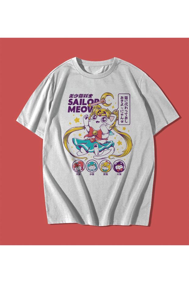 Sailor Moon Sailor Meow Written Japanese Oversize Unisex White T-Shirt