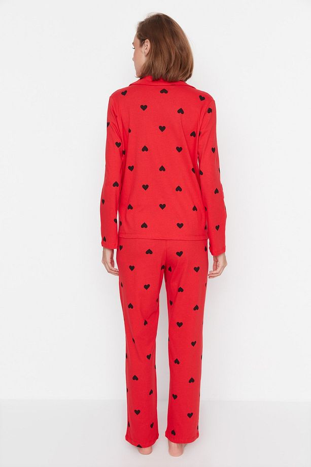 Kırmızı %100 Pamuklu Kalpli Örme Pijama Takımı THMAW21PT0548 - 5
