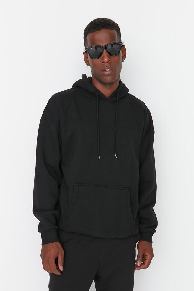 Siyah Oversize/Geniş Kesim Kapüşonlu İçi Polar/Sıcak Tutan Çiçek Baskılı Sweatshirt TMNAW22SW1651 - 2