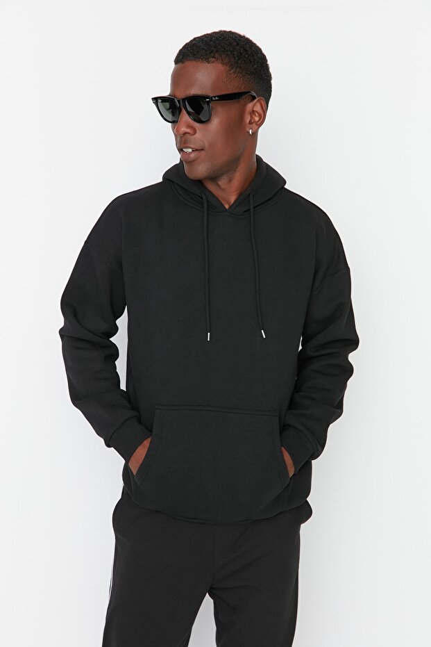 Siyah Oversize/Geniş Kesim Kapüşonlu İçi Polar/Sıcak Tutan Çiçek Baskılı Sweatshirt TMNAW22SW1651 - 5