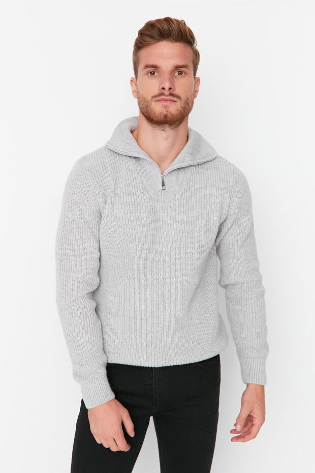 Gri Regular Fit Yünlü Fermuarlı Balıkçı Yaka Triko Kazak TMNAW22KZ0347 - 3