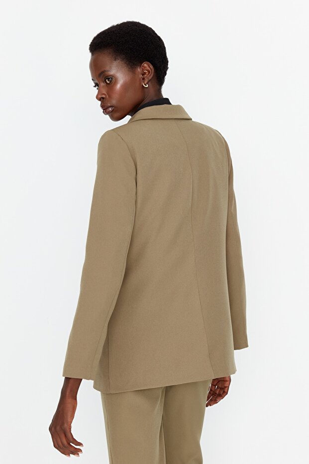 Açık Haki Regular Astarlı Kruvaze Kapama Dokuma Blazer Ceket TWOAW21CE0264 - 6