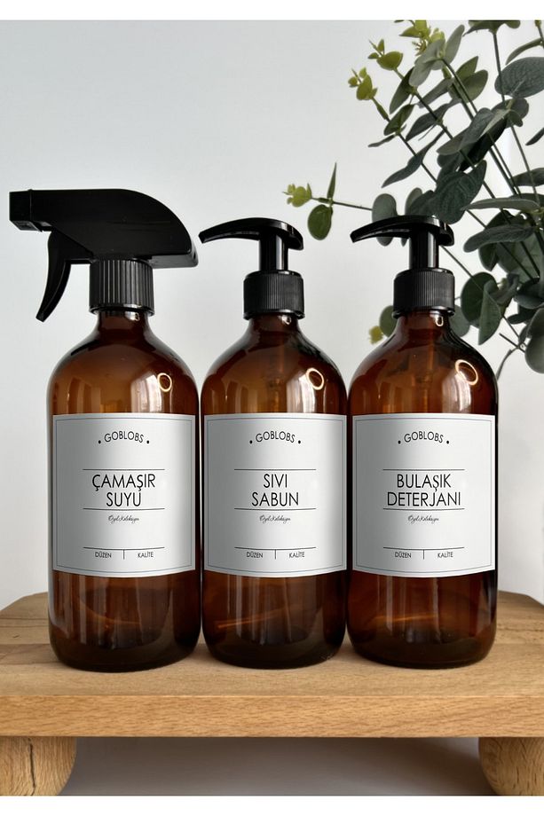 3'lü Set 500ml Amber Şişe Spey Çamaşır Suyu & Sıvı Sabun & Bulaşık Deterjanı Beyaz - 1