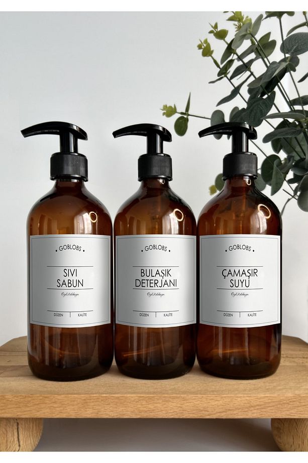 3'lü Set 500ml Amber Şişe Sıvı Sabun & Bulaşık Deterjanı & Çamaşır Suyu Beyaz - 1