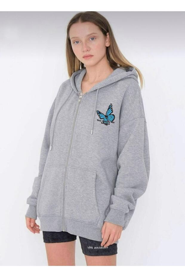 Oversize Blue Butterfly Printed Gray Zipper Cardigan