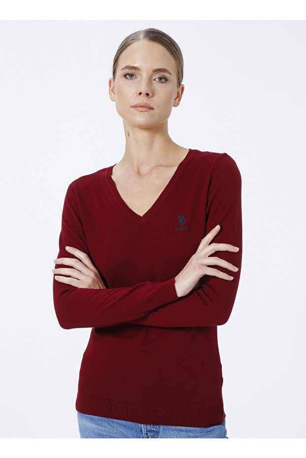 V-Neck Plain Red Women's Sweater Gtd02-bsk22